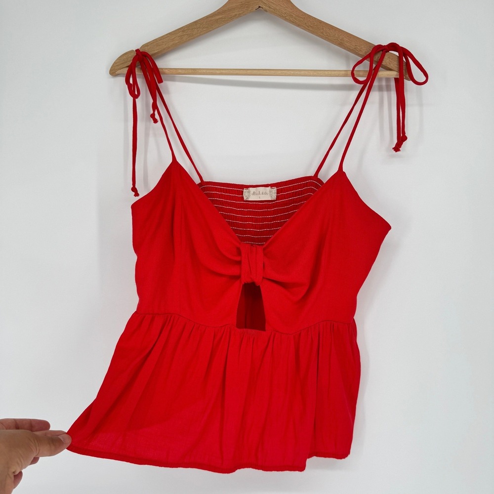 Altar'd State Peplum Red Linen Blnd Tank Top L Tie Shoulder Coquette Boho Summer